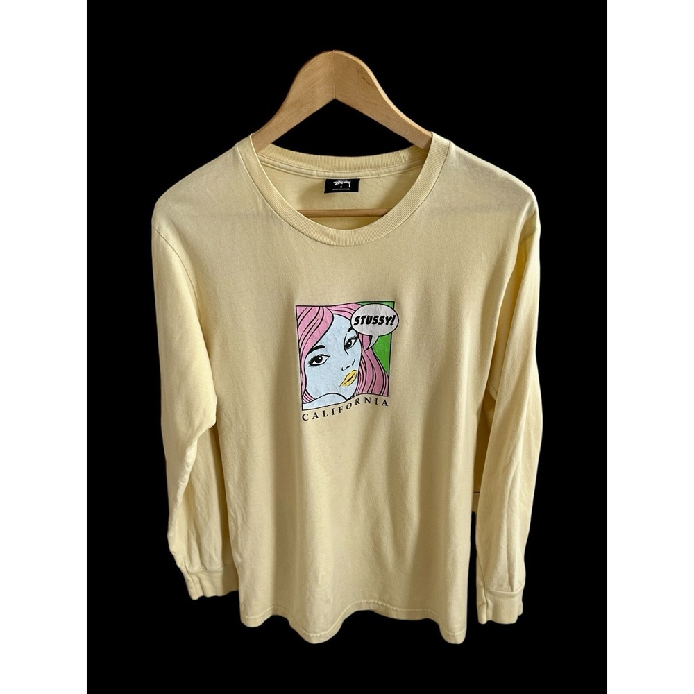 Men's Stussy California Art Long Sleeve Shirt Sz Small Pop Art Yellow Pink